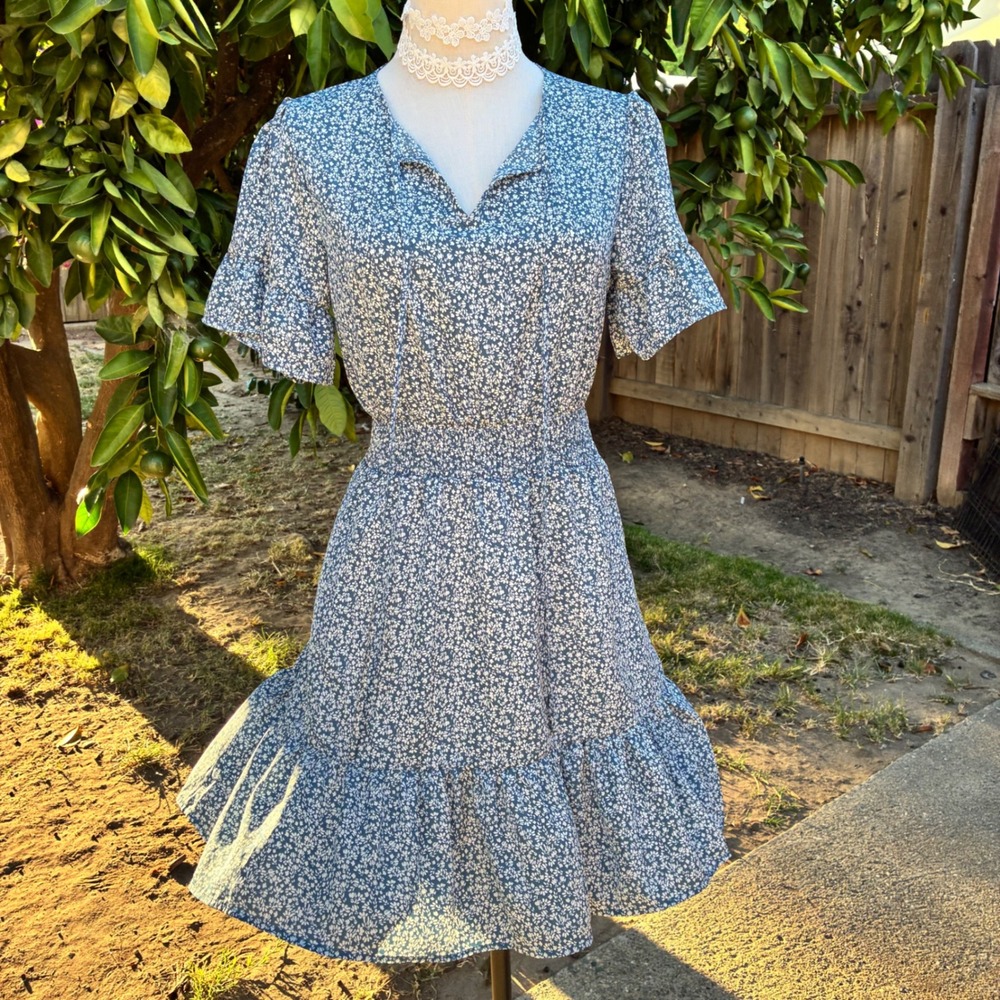 PrettyGarden Blue Ditsy Floral Smocked Waist Ruffle Mini Dress Small